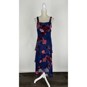 Nicole Miller Chiffon Floral Sequin Ruffle Midi Dress Womens Size 4 Blue Pink